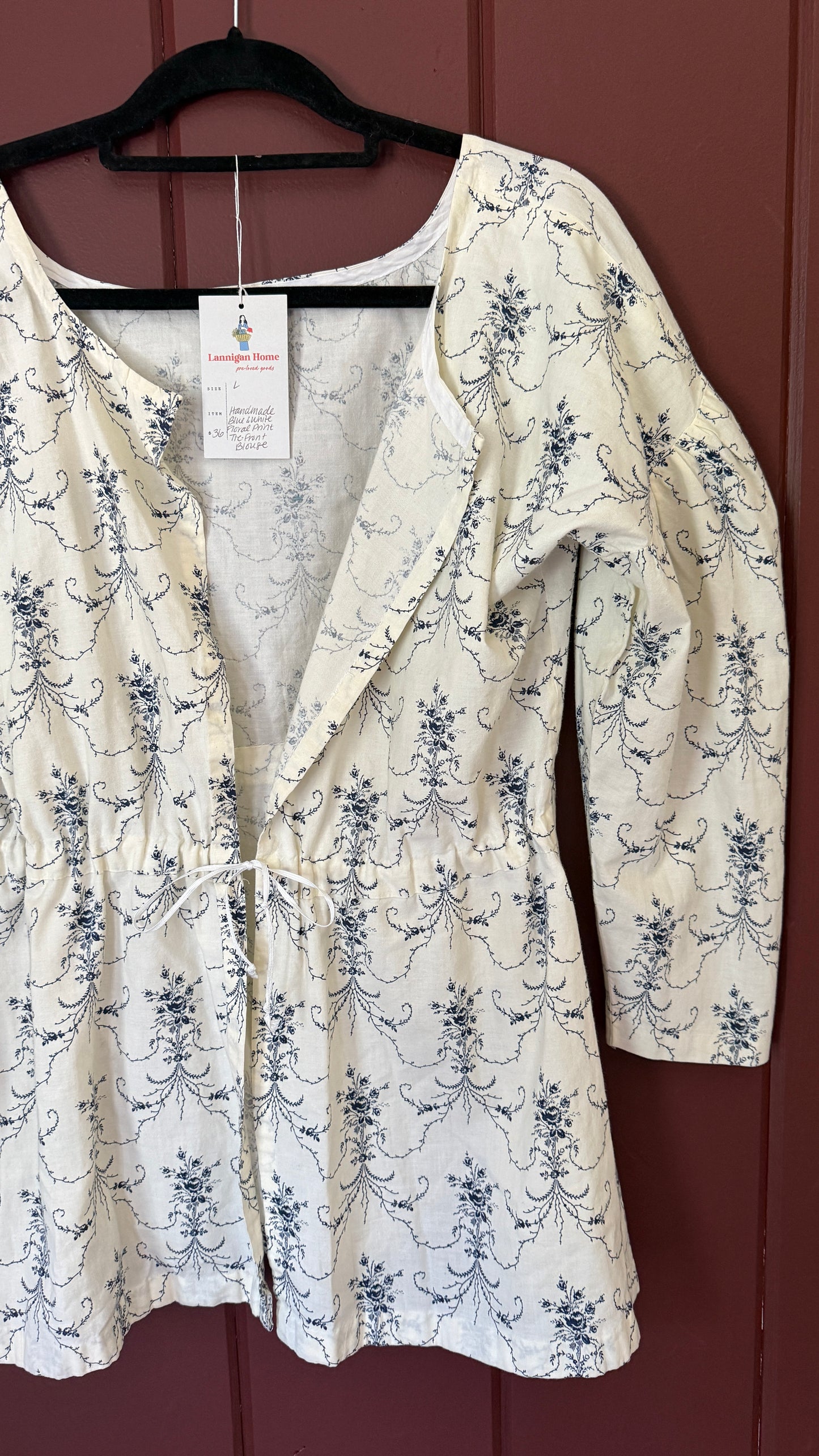 Handmade Blue & White Tie Front Blouse (L)