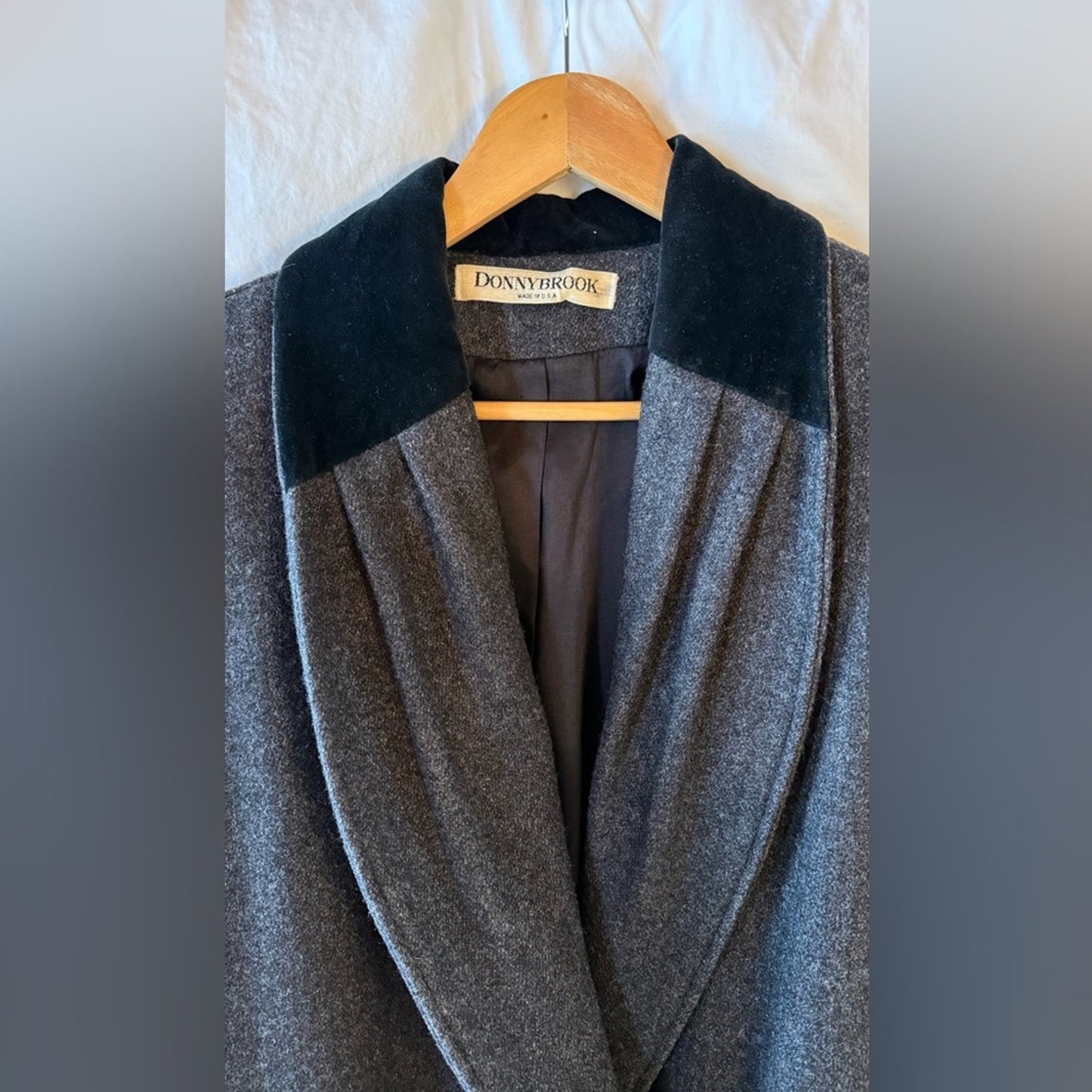 Vintage Gray Velvet Collar Wool Trench Coat