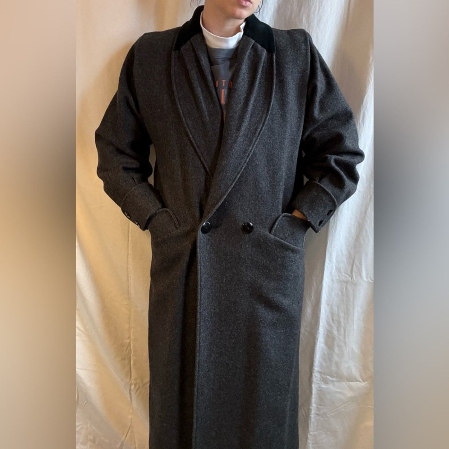 Vintage Gray Velvet Collar Wool Trench Coat