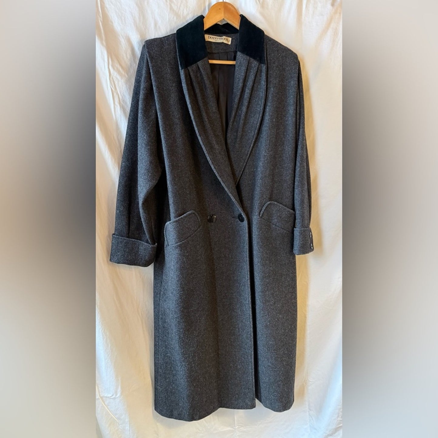 Vintage Gray Velvet Collar Wool Trench Coat