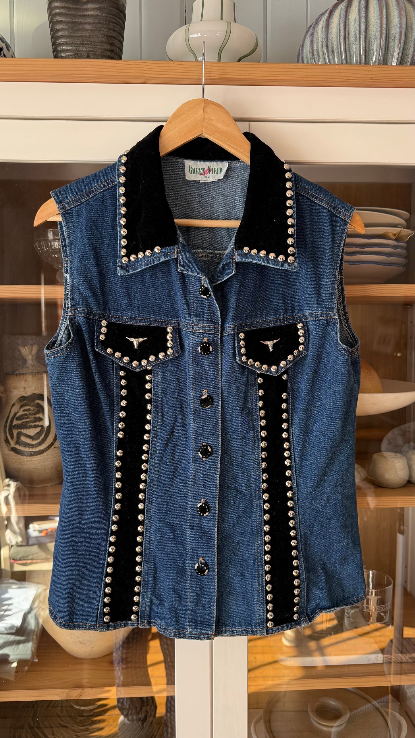Vintage Studded Velvet/Denim Western Vest (L)