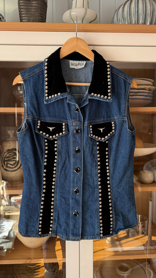 Vintage Studded Velvet/Denim Western Vest (L)