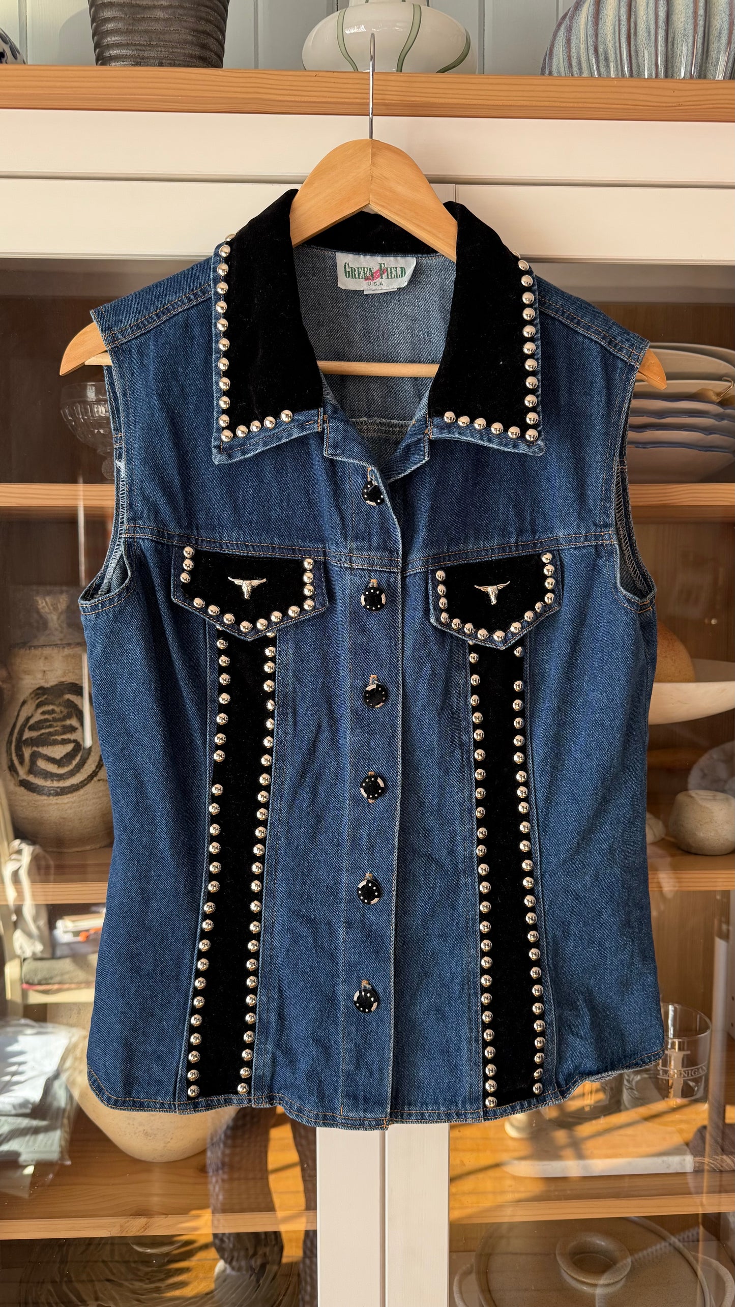 Vintage Studded Velvet/Denim Western Vest (L)