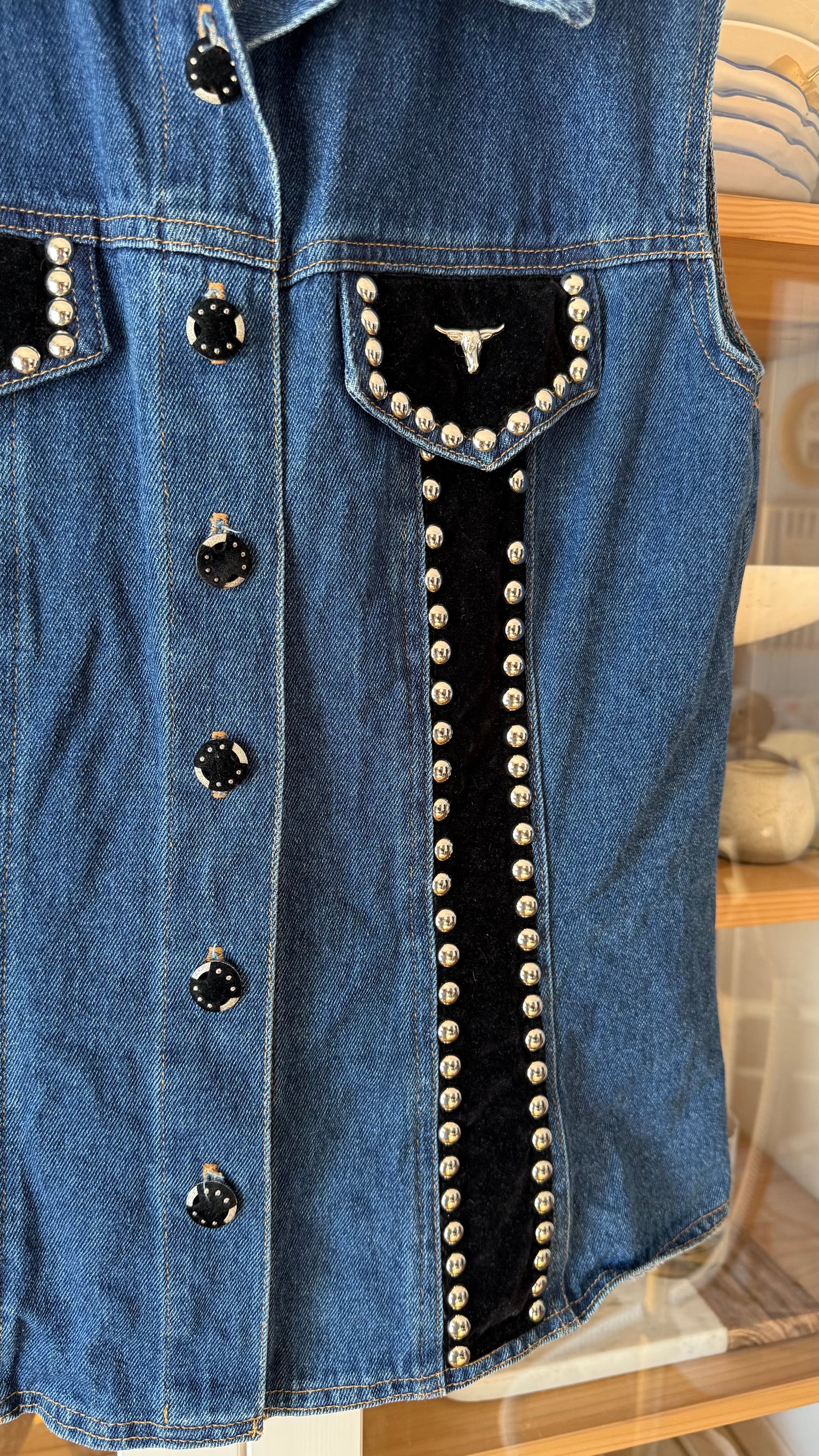 Vintage Studded Velvet/Denim Western Vest (L)
