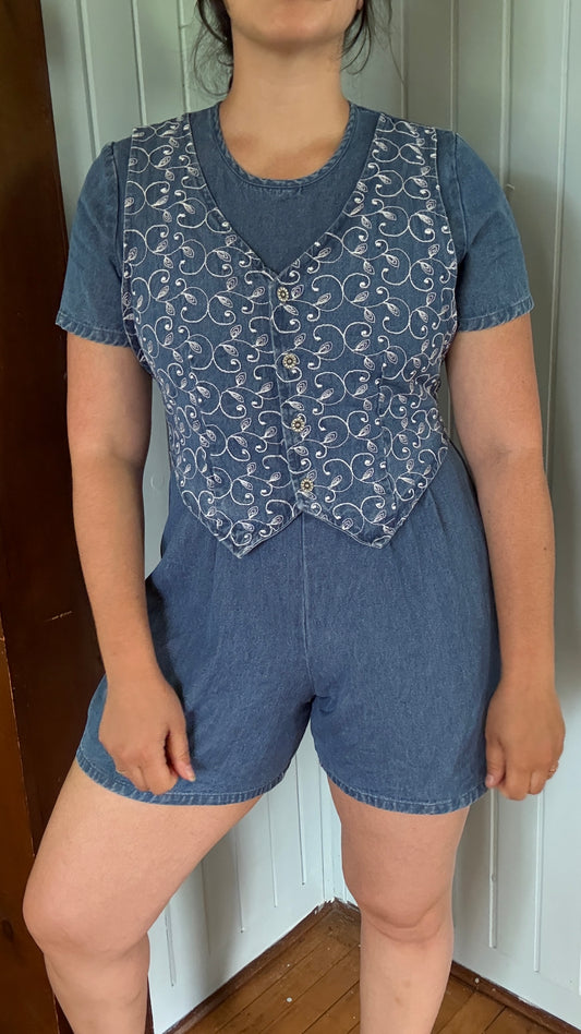 Vintage Alexandra Lee Romper with Tie-Back Embroidered Vest (10P)