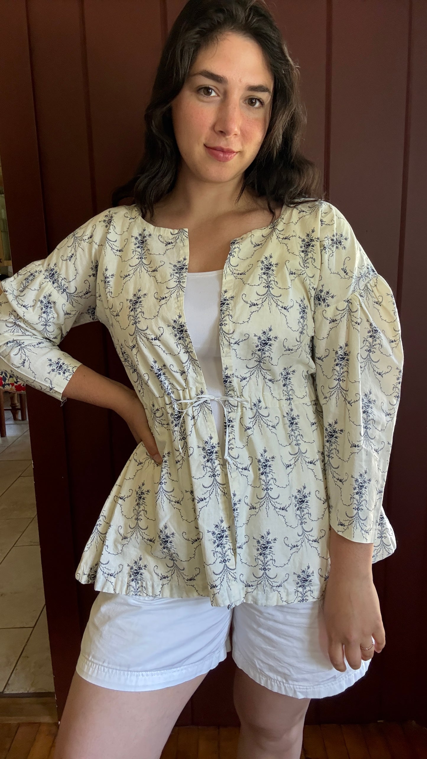 Handmade Blue & White Tie Front Blouse (L)