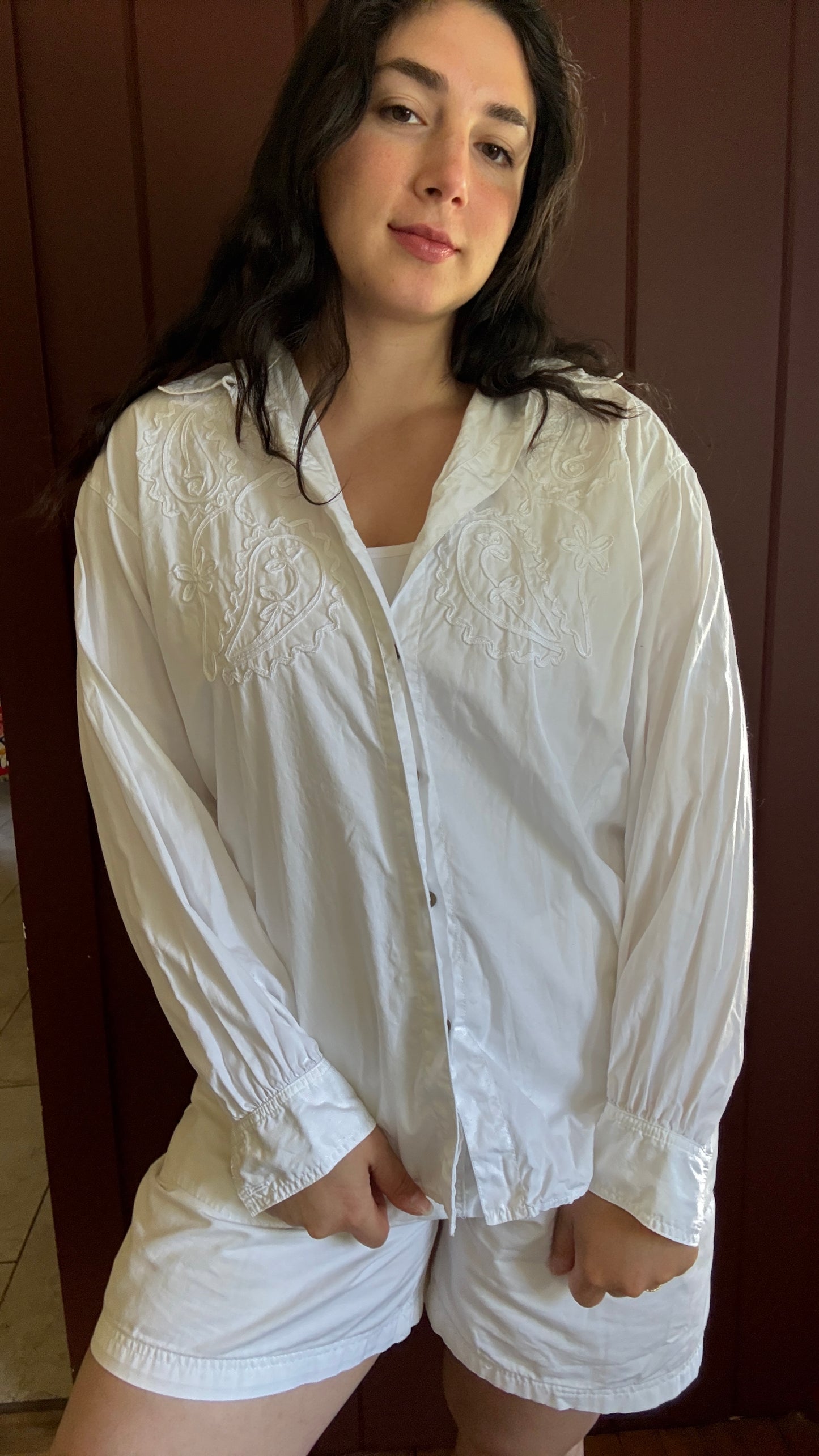 Vintage Liz Wear White Western Button Down with Pearl Buttons (M)