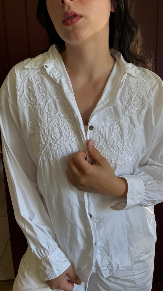 Vintage Liz Wear White Western Button Down with Pearl Buttons (M)