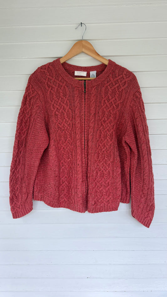 Vintge Silk/Wool Blend Zip Up Cableknit Cardigan (XL)