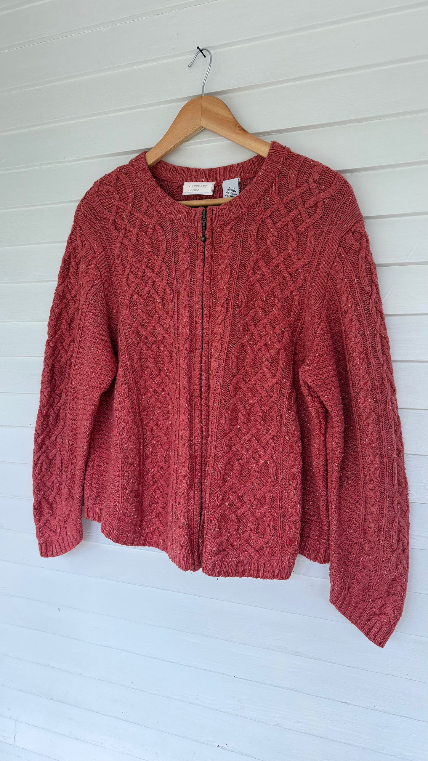 Vintge Silk/Wool Blend Zip Up Cableknit Cardigan (XL)
