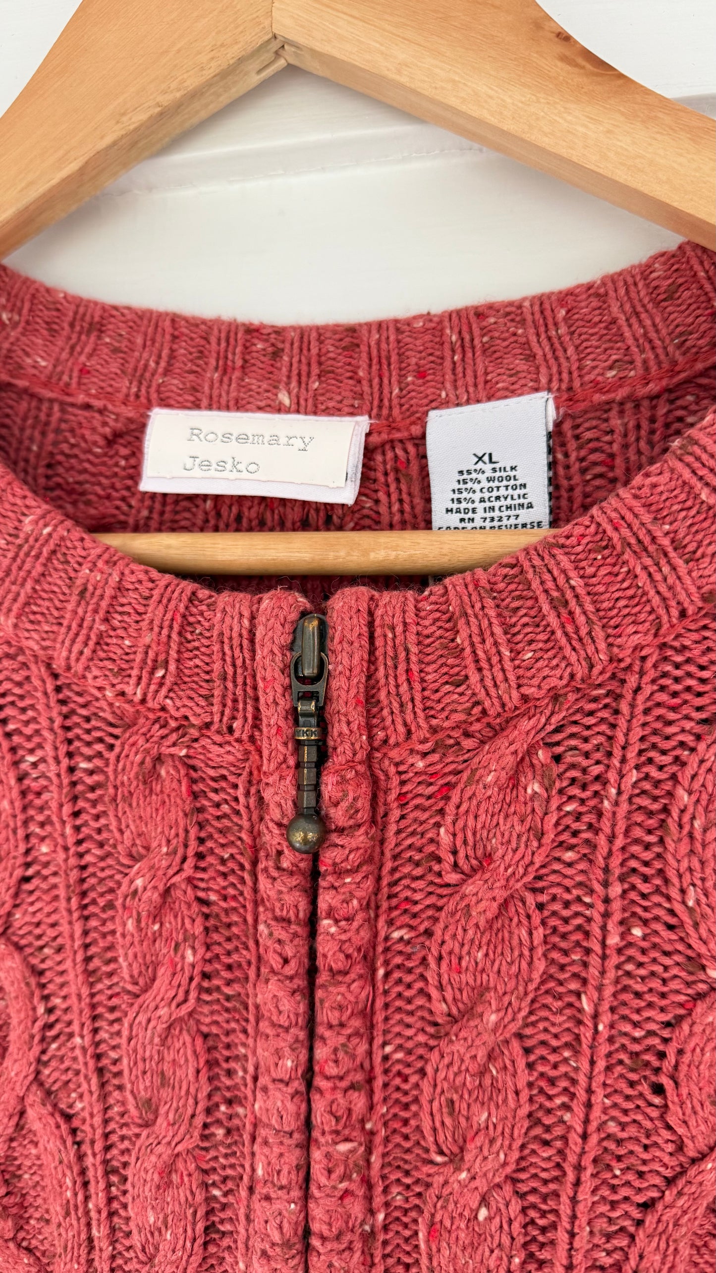 Vintge Silk/Wool Blend Zip Up Cableknit Cardigan (XL)
