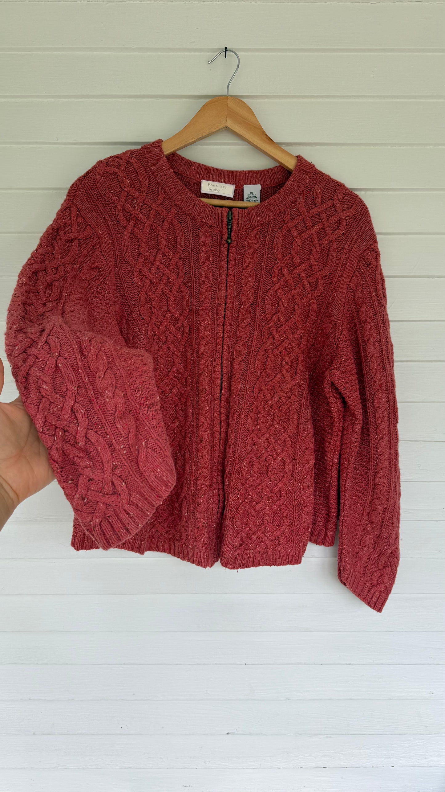Vintge Silk/Wool Blend Zip Up Cableknit Cardigan (XL)