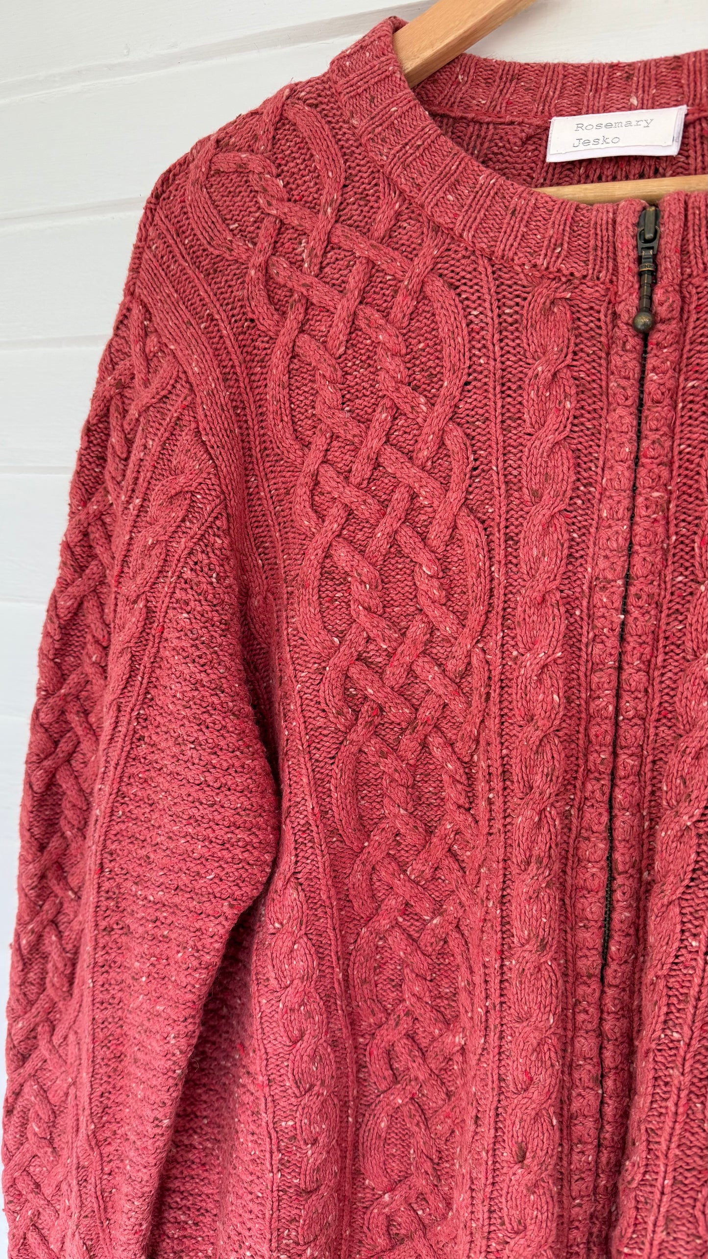 Vintge Silk/Wool Blend Zip Up Cableknit Cardigan (XL)