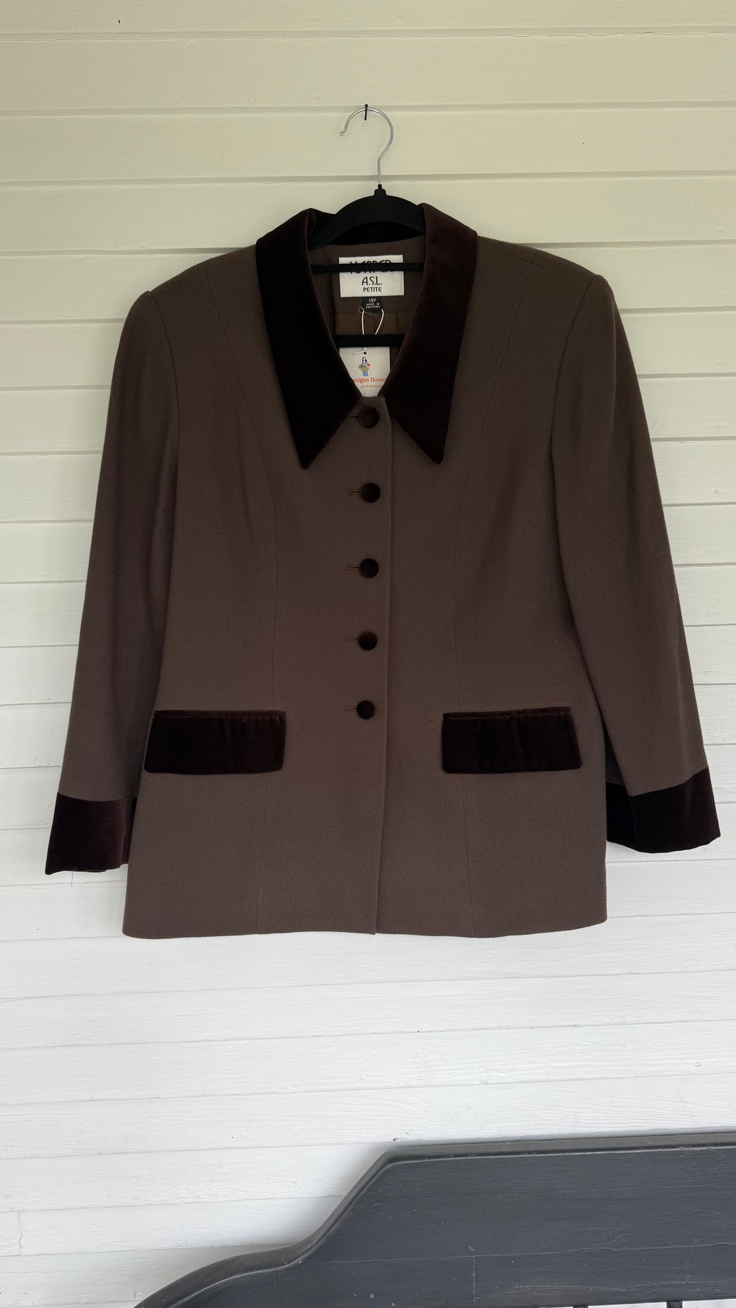 Vintage Chocolate Brown Velvet Trim Wool Blazer (14)