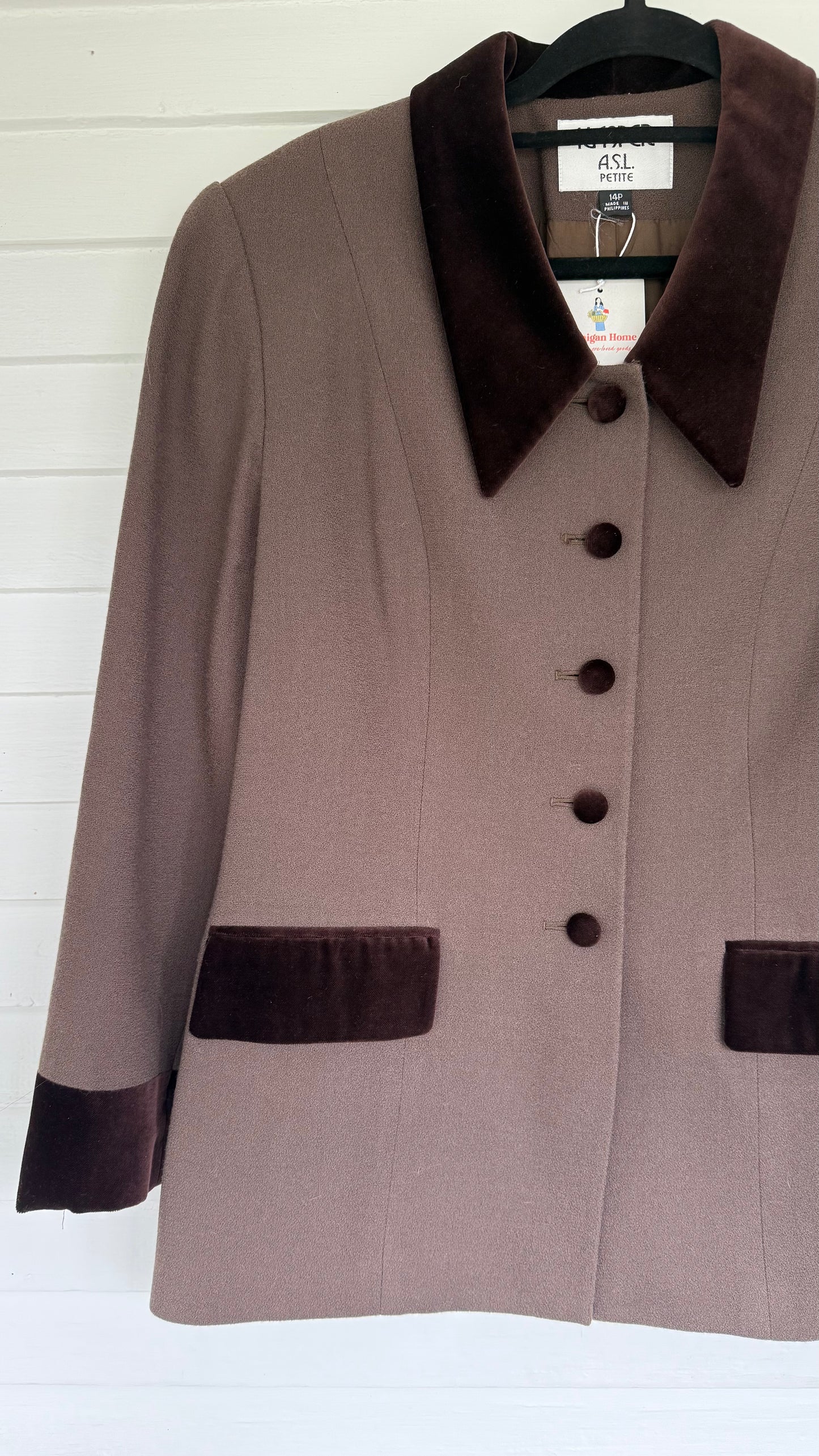 Vintage Chocolate Brown Velvet Trim Wool Blazer (14)