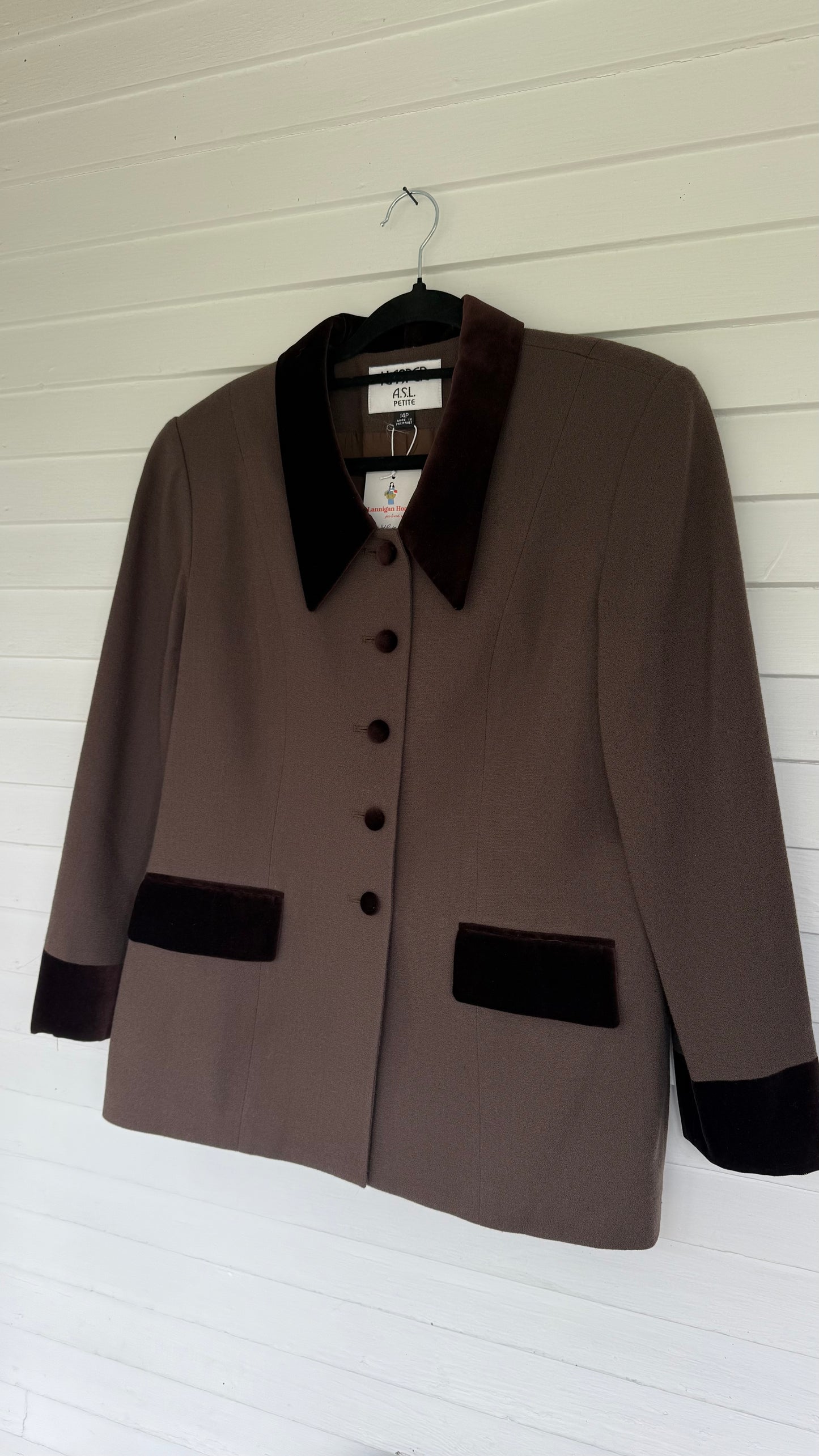Vintage Chocolate Brown Velvet Trim Wool Blazer (14)