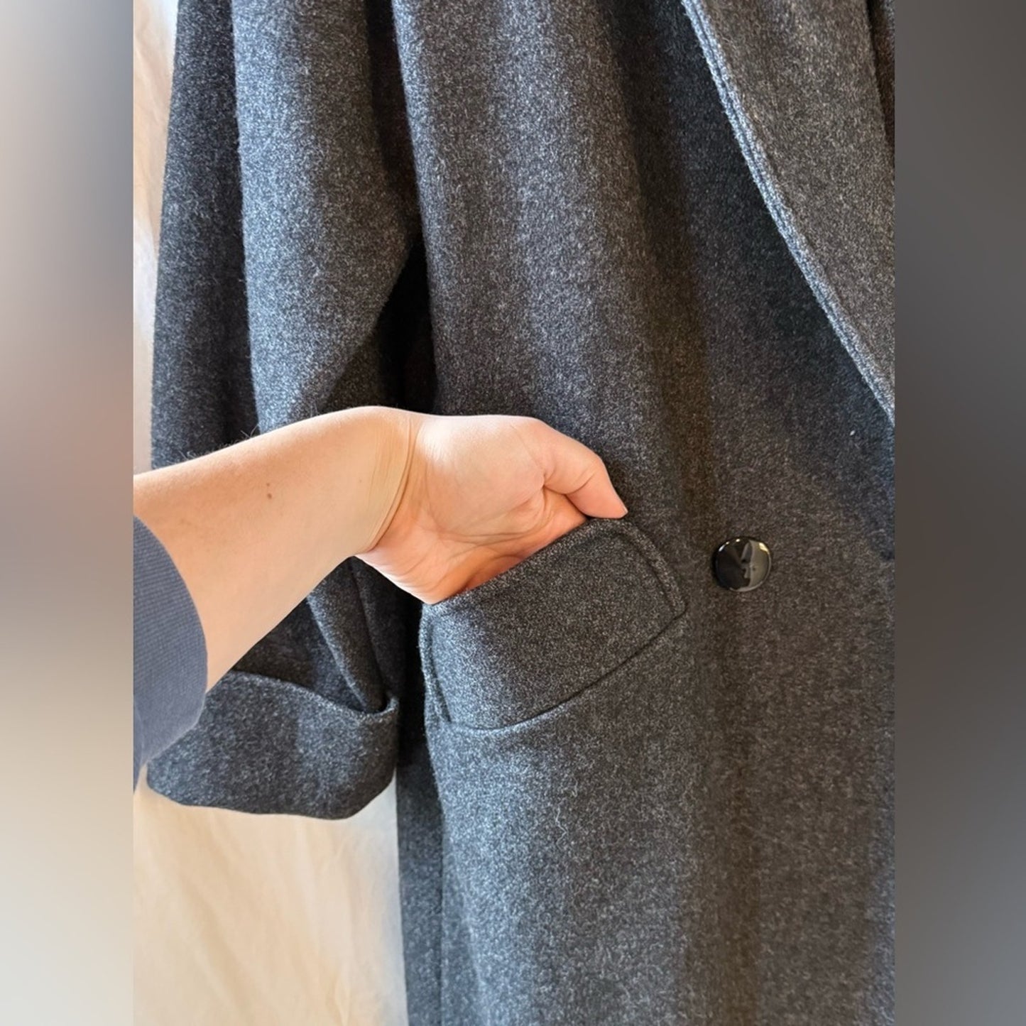Vintage Gray Velvet Collar Wool Trench Coat